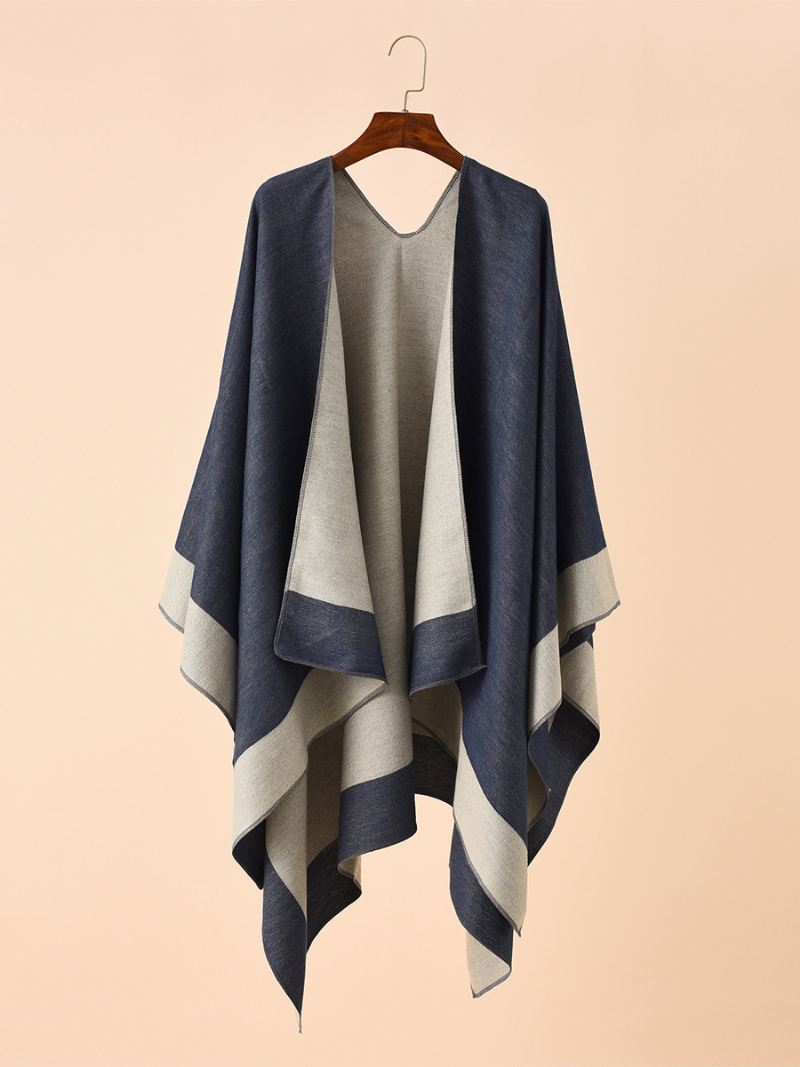 Damesponcho Met Kleurenblokken Dagelijkse Casual Cape - Diepblauw