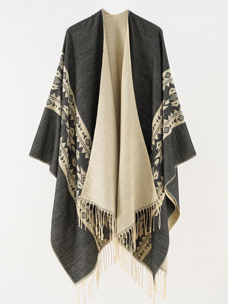 Damesponcho Met Print Dagelijkse Casual Cape Franje