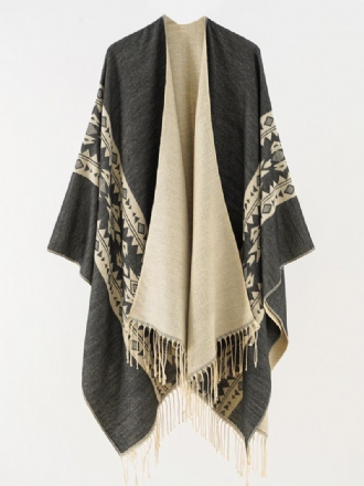 Damesponcho Met Print Dagelijkse Casual Cape Franje