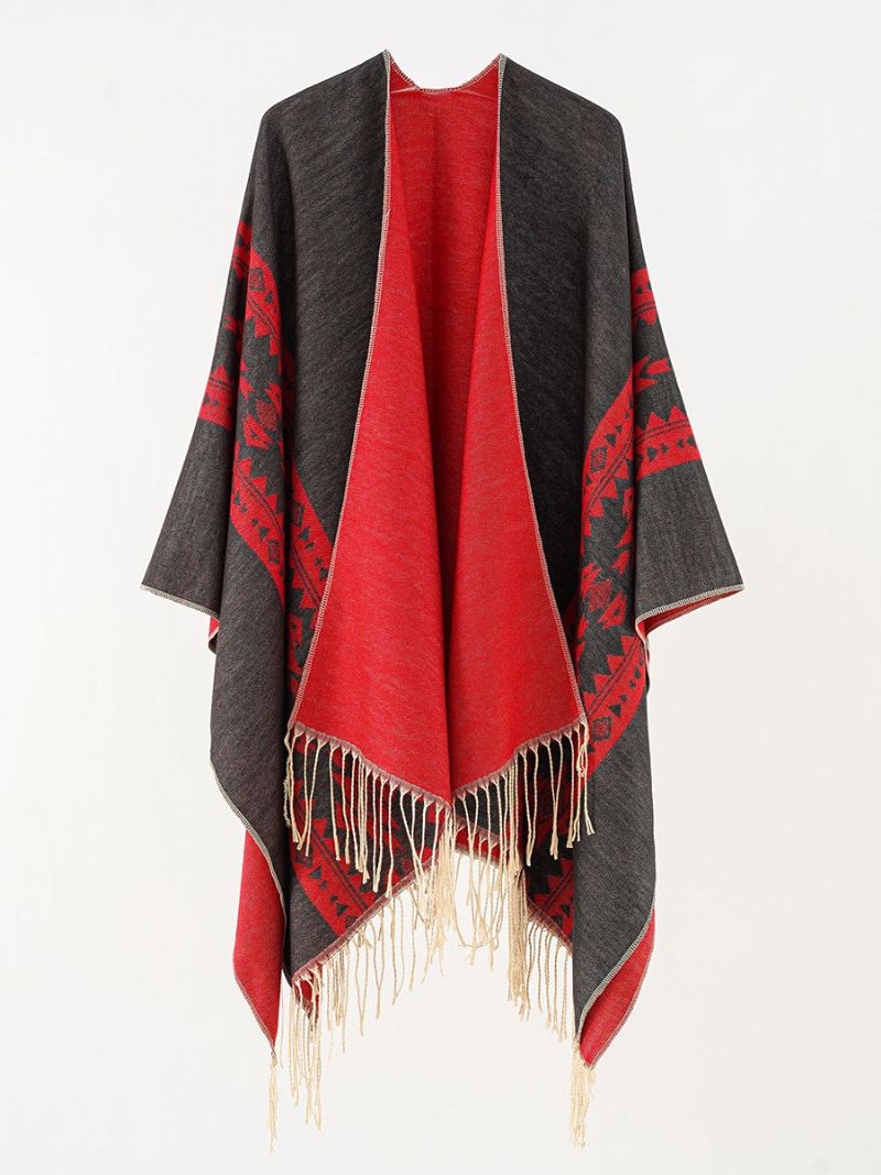 Damesponcho Met Print Dagelijkse Casual Cape Franje - Rood