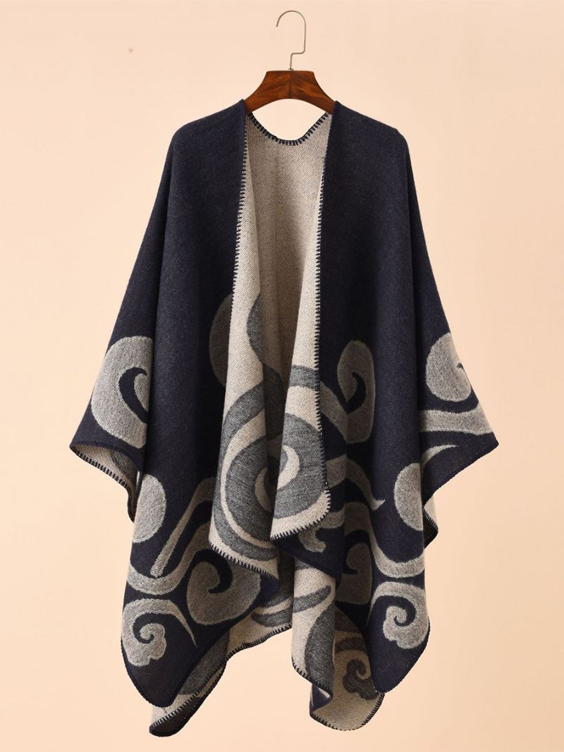 Damesponcho Met Print Dagelijkse Casual Chique Cape - Donker Marineblauw