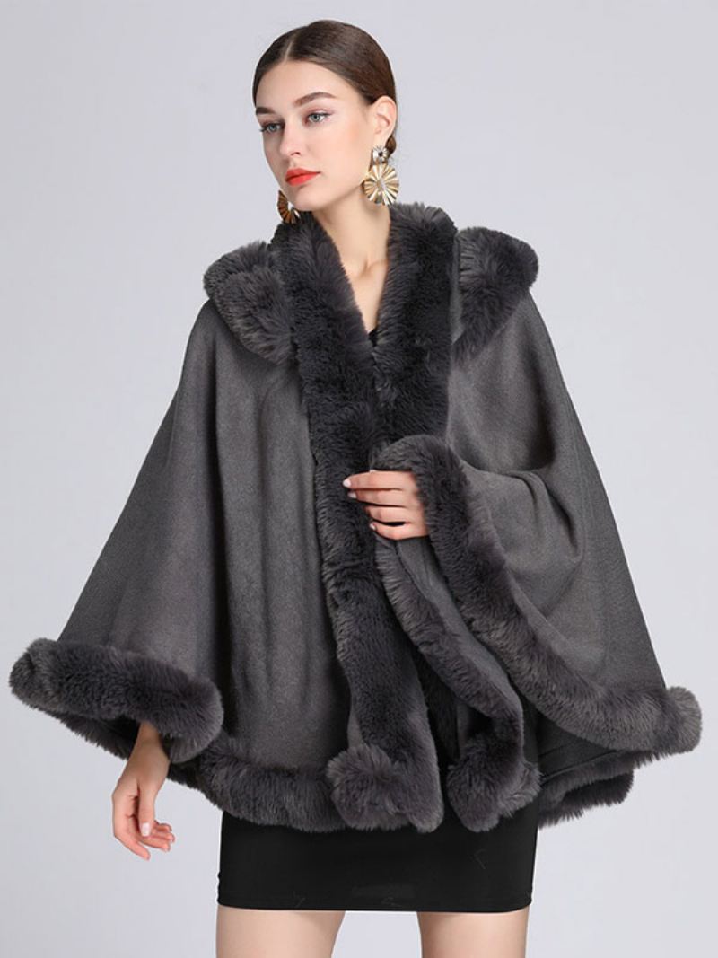 Kerstmantel Cape Poncho-jas Met Capuchon Imitatiebont Dames - Diepgrijs