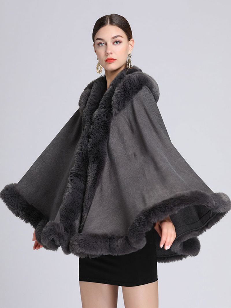 Kerstmantel Cape Poncho-jas Met Capuchon Imitatiebont Dames - Diepgrijs