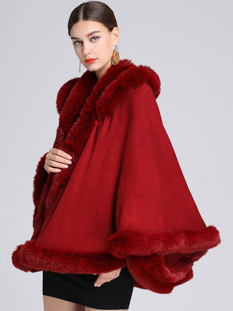 Kerstmantel Cape Poncho-jas Met Capuchon Imitatiebont Dames - Bordeauxrood