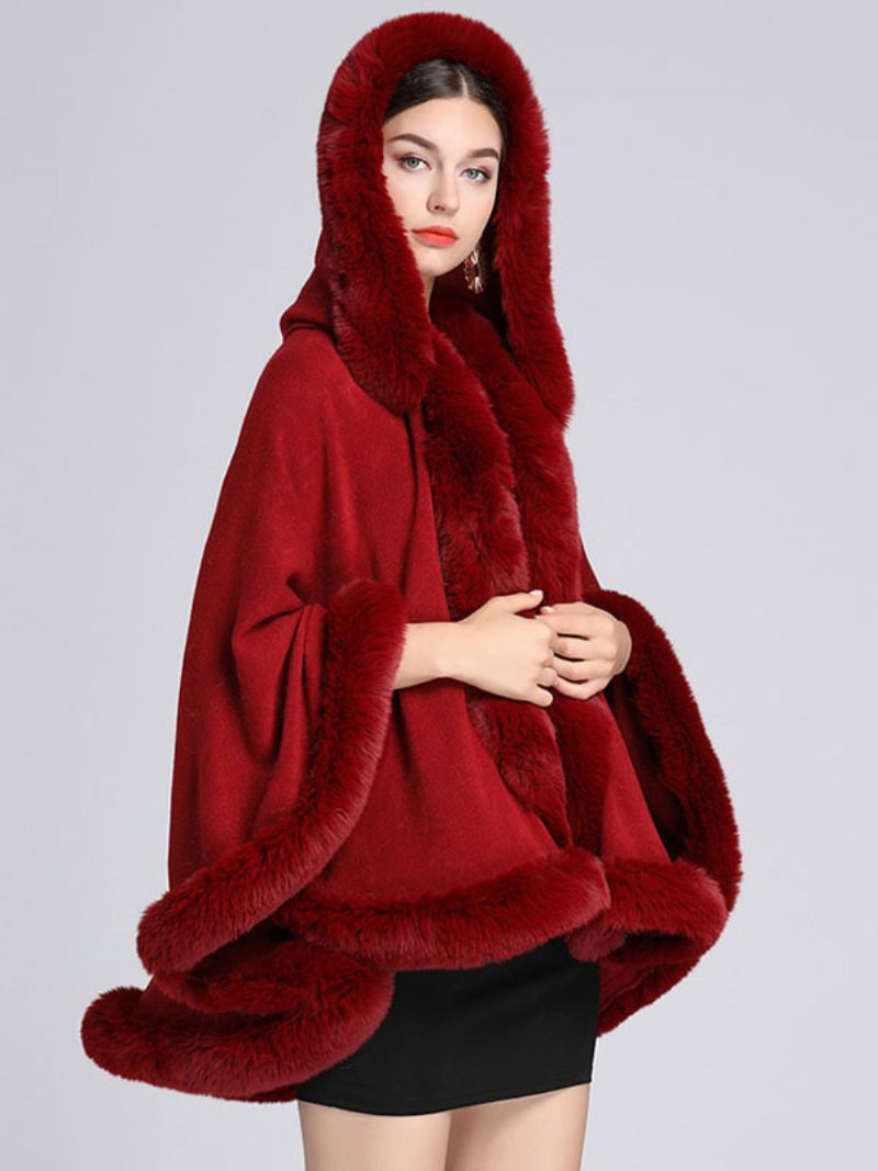 Kerstmantel Cape Poncho-jas Met Capuchon Imitatiebont Dames - Bordeauxrood