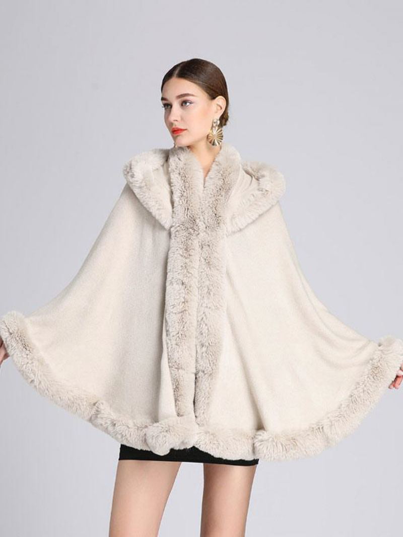 Kerstmantel Cape Poncho-jas Met Capuchon Imitatiebont Dames - Beige