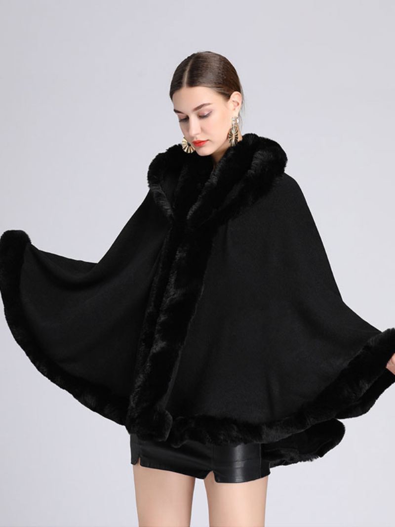 Kerstmantel Cape Poncho-jas Met Capuchon Imitatiebont Dames - Zwart