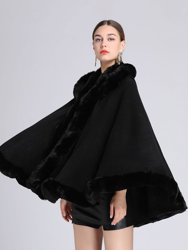 Kerstmantel Cape Poncho-jas Met Capuchon Imitatiebont Dames - Zwart