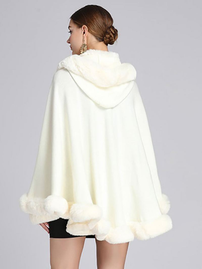 Kerstmantel Cape Poncho-jas Met Capuchon Imitatiebont Dames - Wit