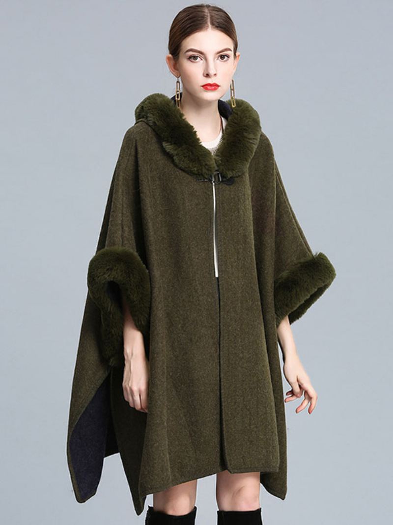 Mantel Cape Met Capuchon Nepbont Herfstponchojas Dames - Groen