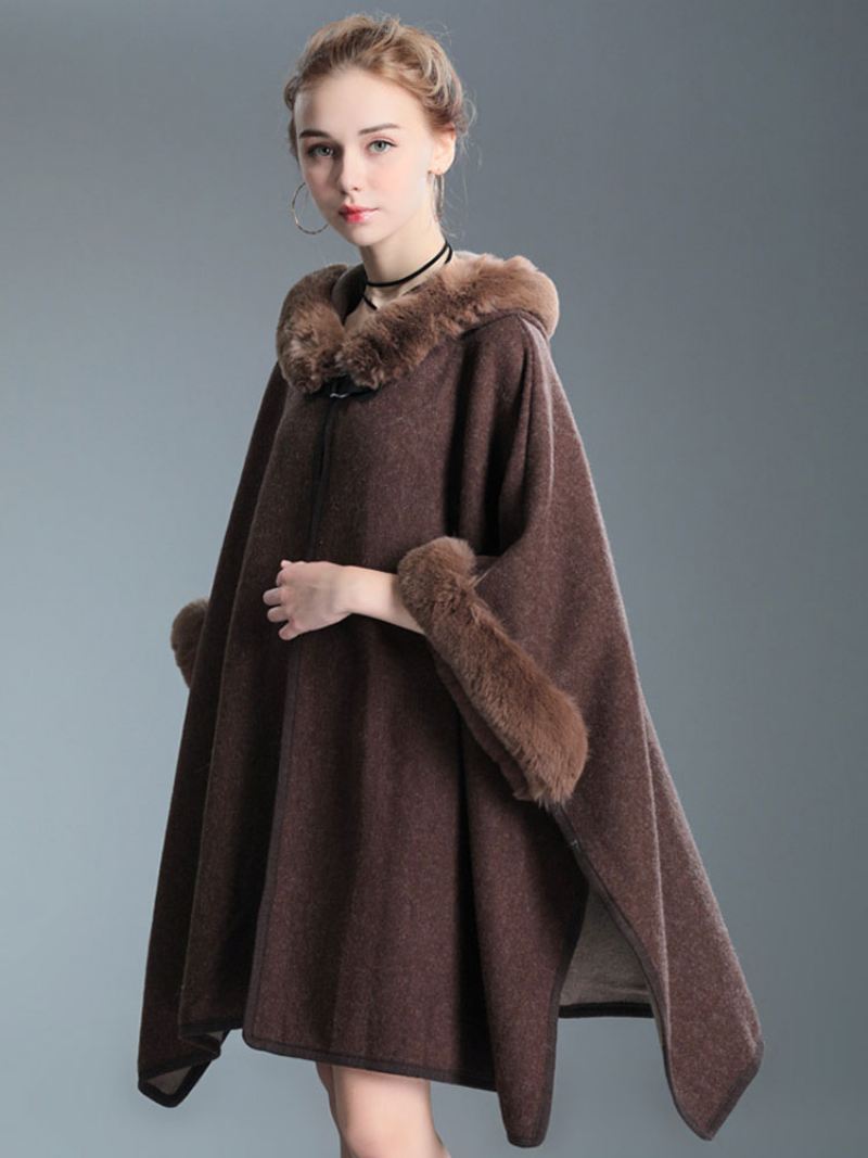 Mantel Cape Met Capuchon Nepbont Herfstponchojas Dames - Koffiebruin