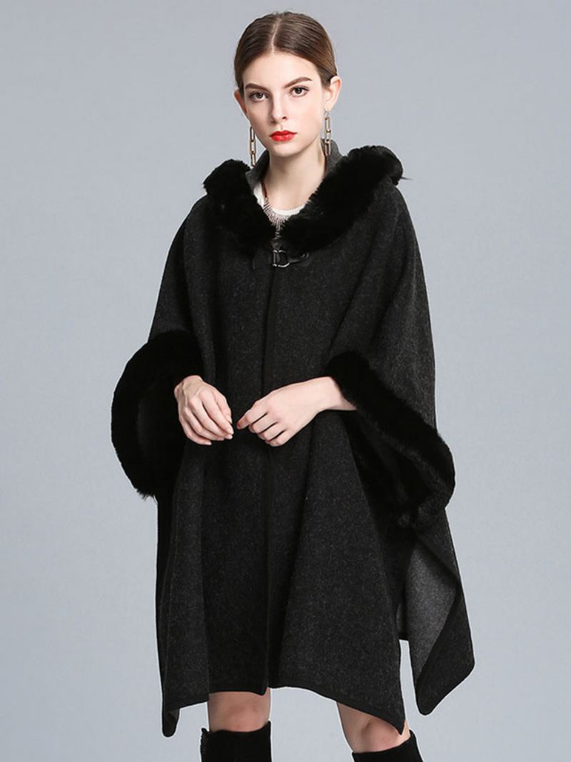 Mantel Cape Met Capuchon Nepbont Herfstponchojas Dames - Zwart