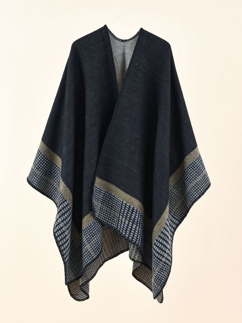 Olijfkleurige Cape Dames Geruite Lente Zomer Herfst Winter Poncho - Diepgrijs