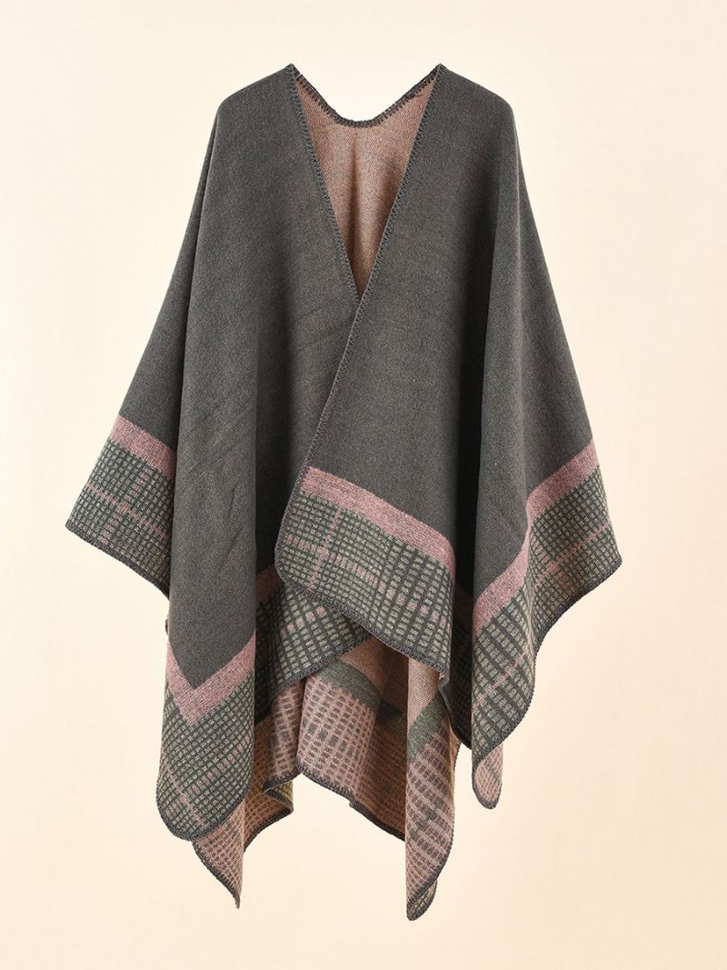 Olijfkleurige Cape Dames Geruite Lente Zomer Herfst Winter Poncho - Lichtgrijs