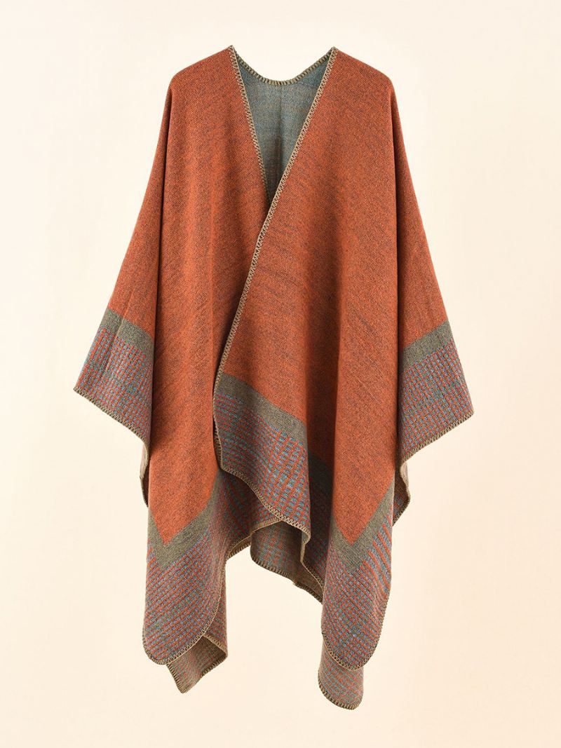 Olijfkleurige Cape Dames Geruite Lente Zomer Herfst Winter Poncho - Oranje