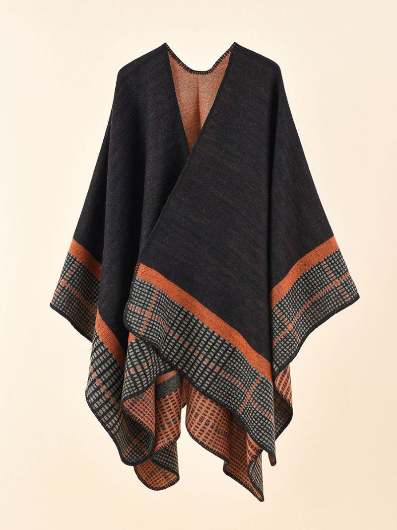 Olijfkleurige Cape Dames Geruite Lente Zomer Herfst Winter Poncho - Zwart