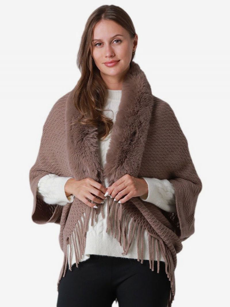 Oversized Cape Met Ponchomouwen Franjes Dames - Koffiebruin