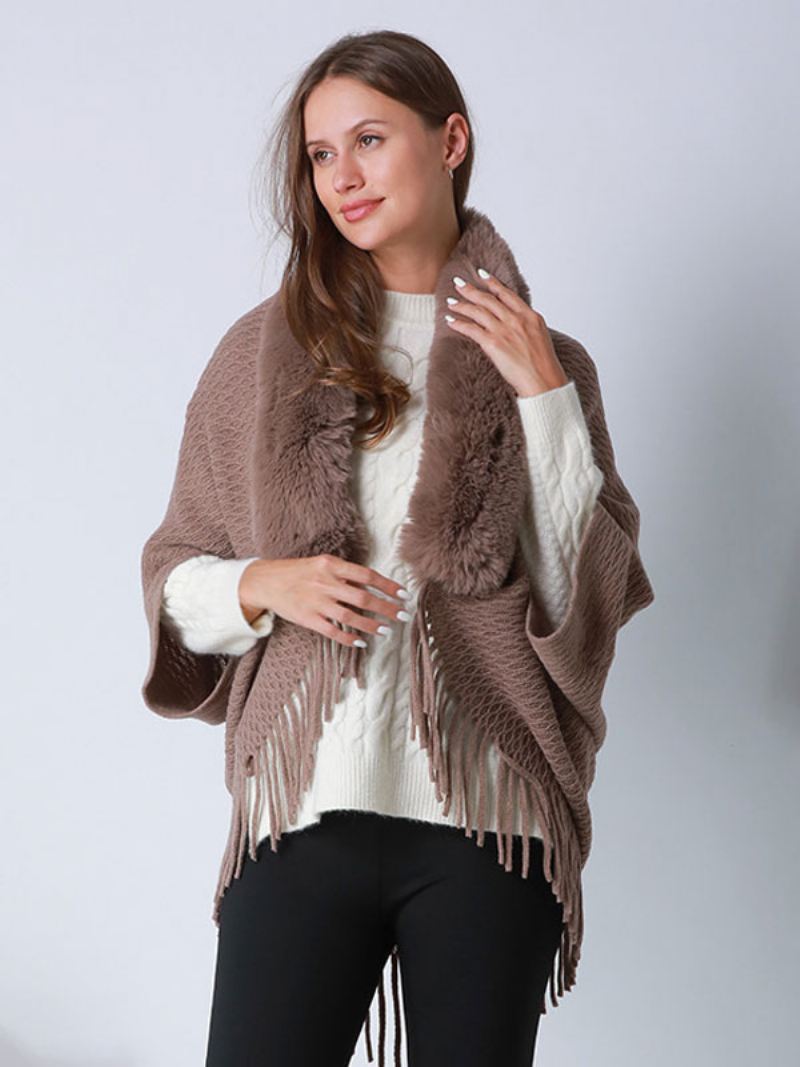 Oversized Cape Met Ponchomouwen Franjes Dames - Koffiebruin