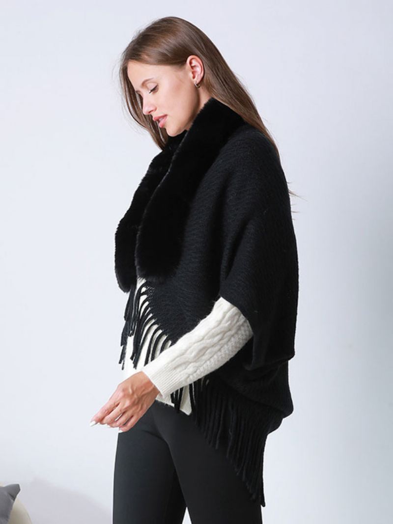 Oversized Cape Met Ponchomouwen Franjes Dames - Zwart