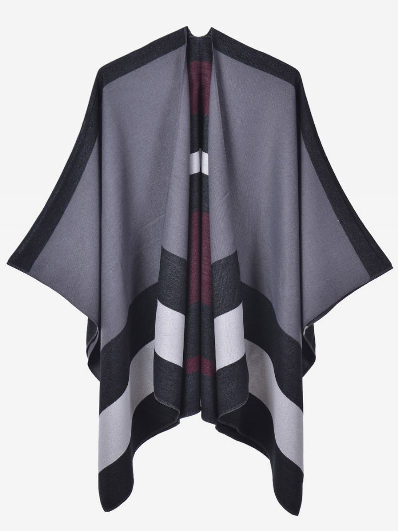 Oversized Dames Cape Strepen Kleurblok Herfst Winter Poncho - Bordeauxrood