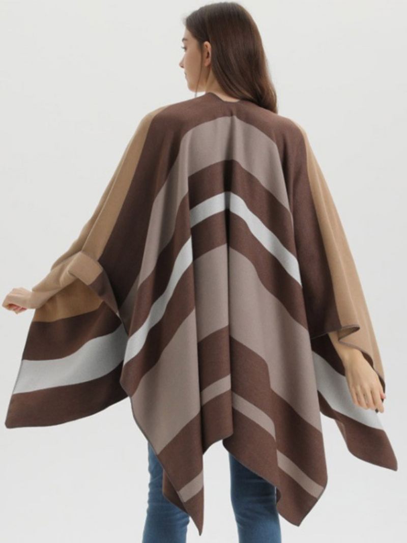 Oversized Dames Cape Strepen Kleurblok Herfst Winter Poncho - Koffiebruin