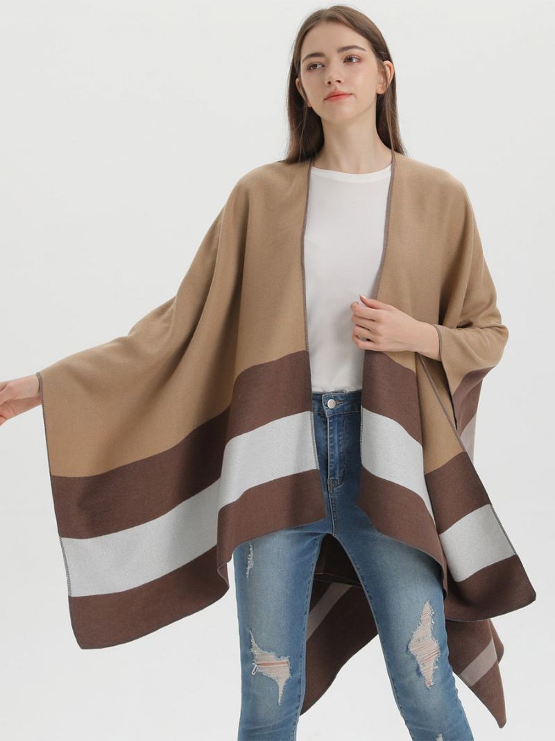 Oversized Dames Cape Strepen Kleurblok Herfst Winter Poncho - Koffiebruin