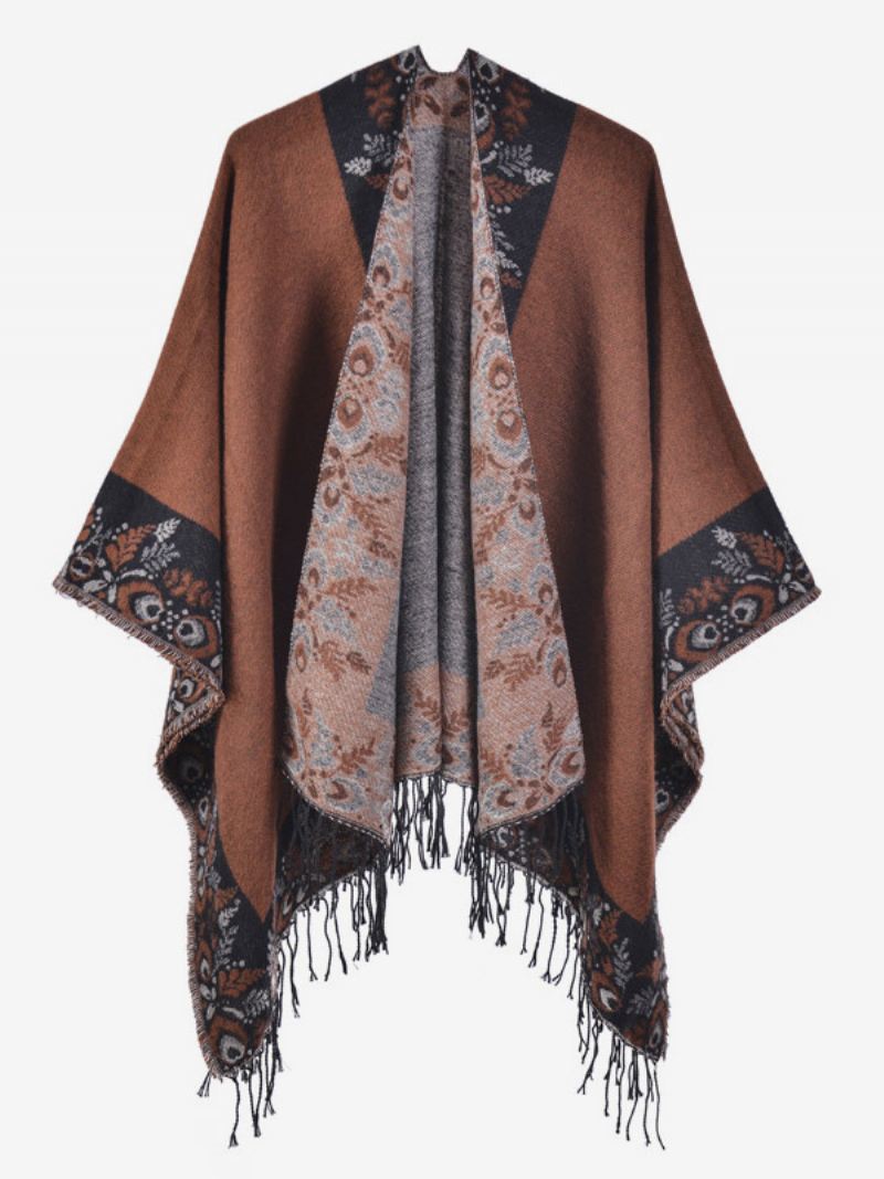 Oversized Herfst-winterponcho's Dames Met Boheemse Franjes Cape - Koffiebruin