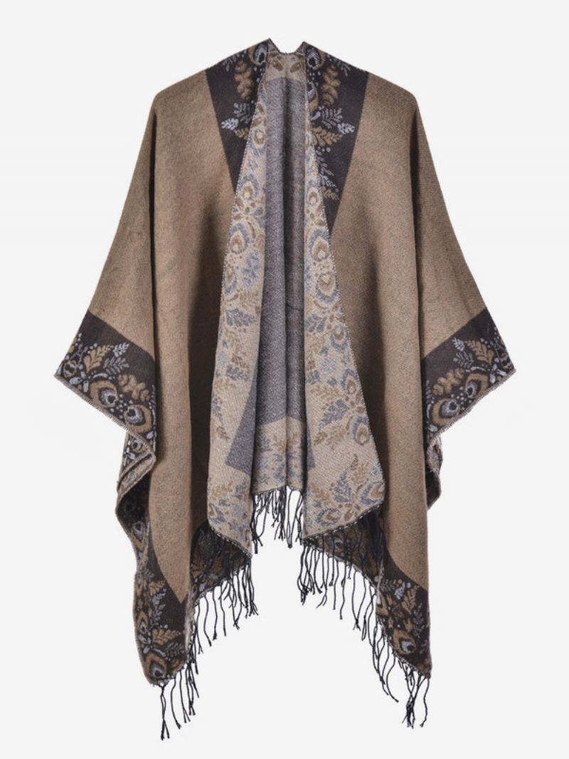 Oversized Herfst-winterponcho's Dames Met Boheemse Franjes Cape - Camel