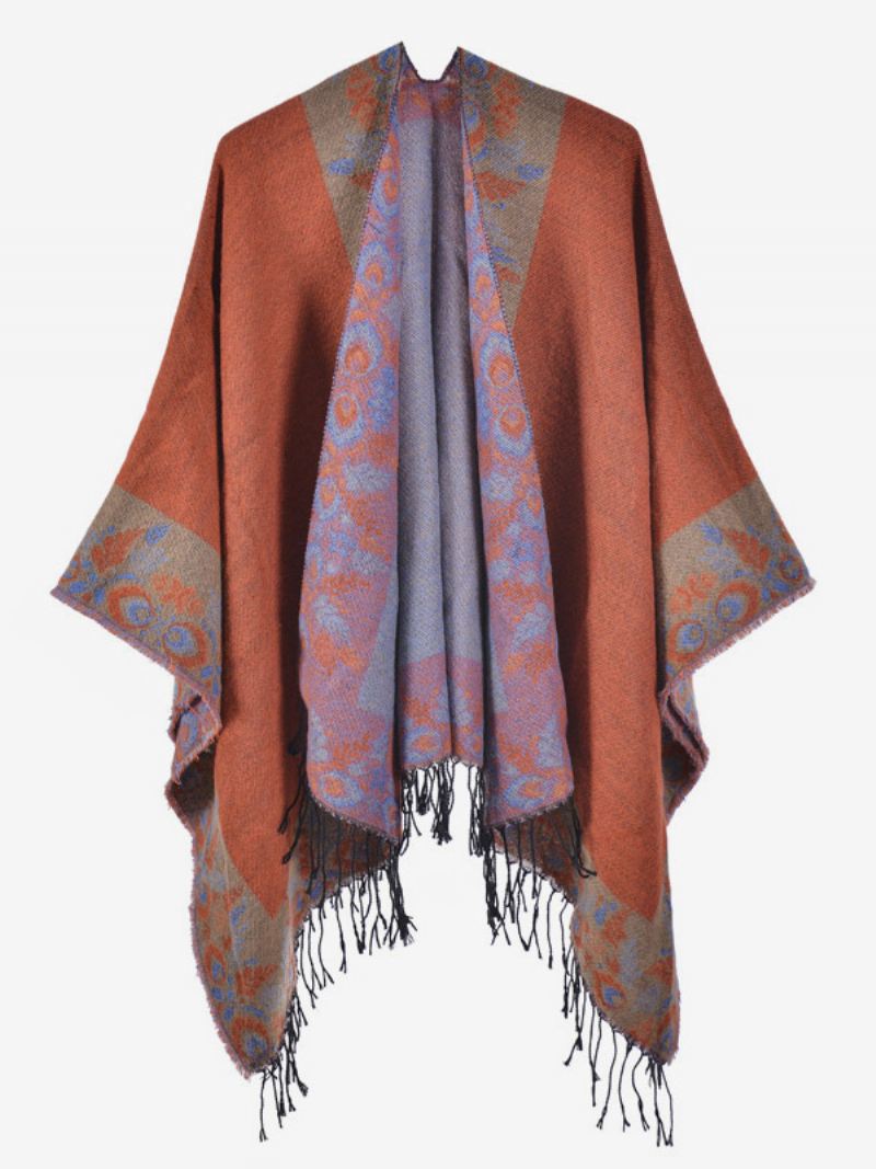 Oversized Herfst-winterponcho's Dames Met Boheemse Franjes Cape - Oranje