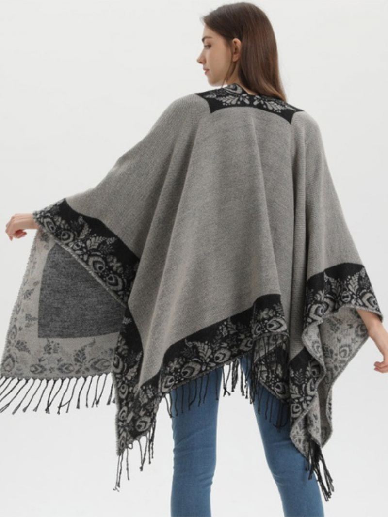 Oversized Herfst-winterponcho's Dames Met Boheemse Franjes Cape - Zwart