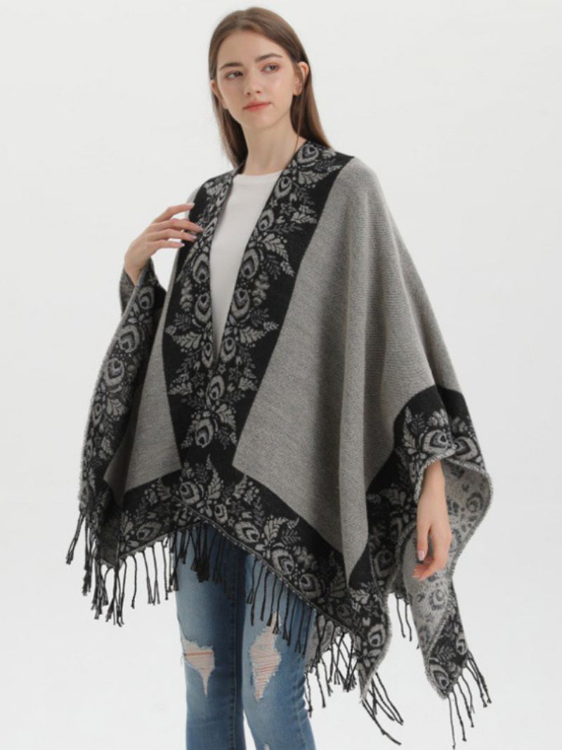 Oversized Herfst-winterponcho's Dames Met Boheemse Franjes Cape - Zwart