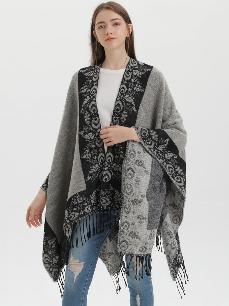 Oversized Herfst-winterponcho's Dames Met Boheemse Franjes Cape - Zwart