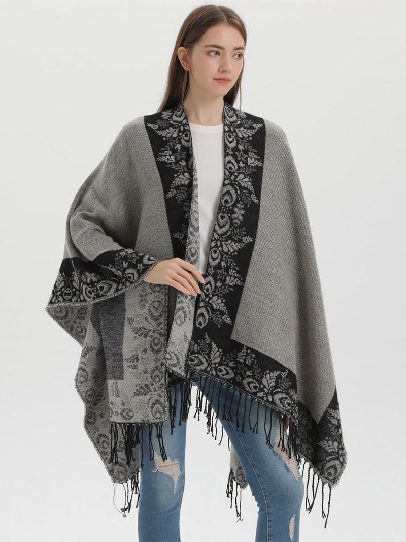 Oversized Herfst-winterponcho's Dames Met Boheemse Franjes Cape - Zwart