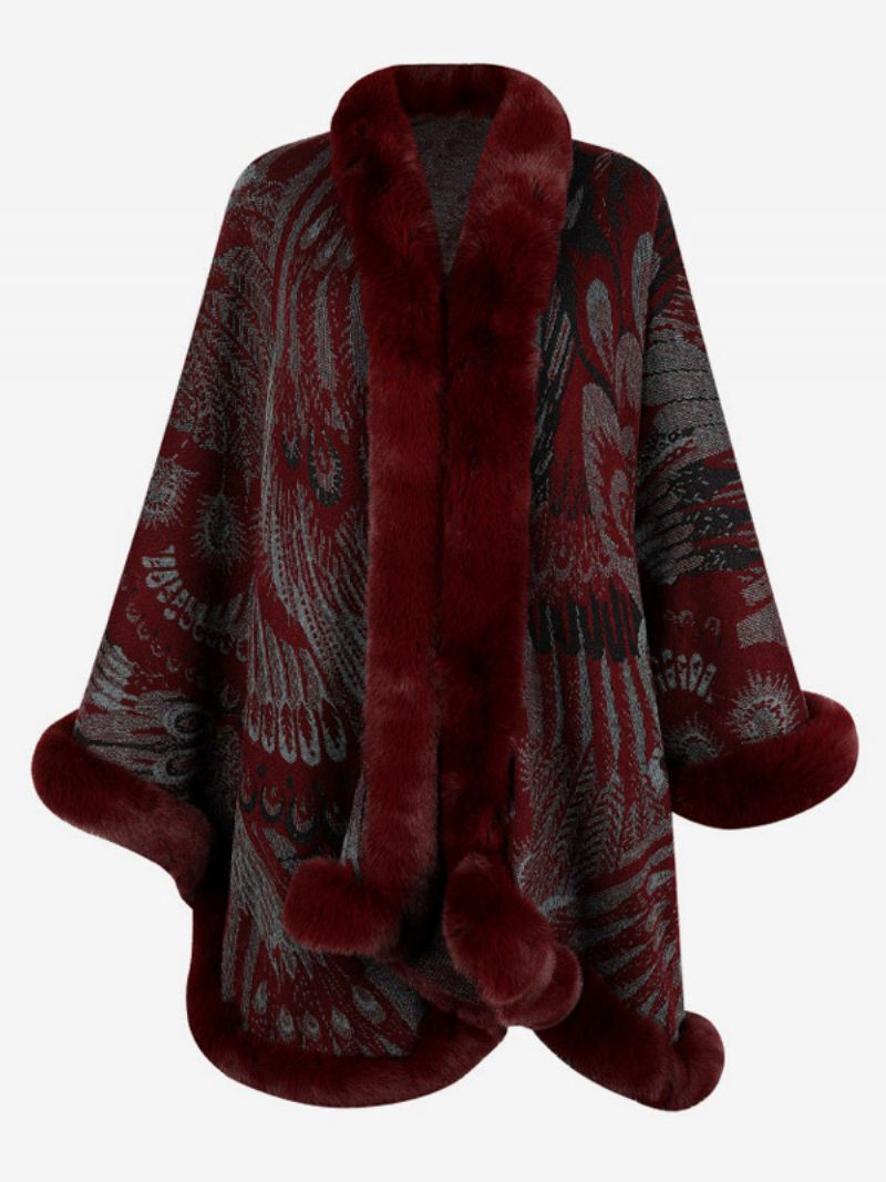 Oversized Poncho Bedrukte Nepbontafwerking Herfst-winter Damescape - Bordeauxrood