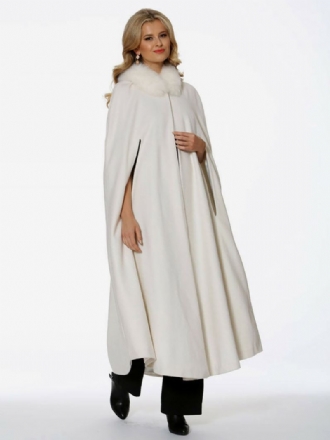 Poncho Met Capuchon Dames Ivoorkleurige Oversized Cape Imitatiebont