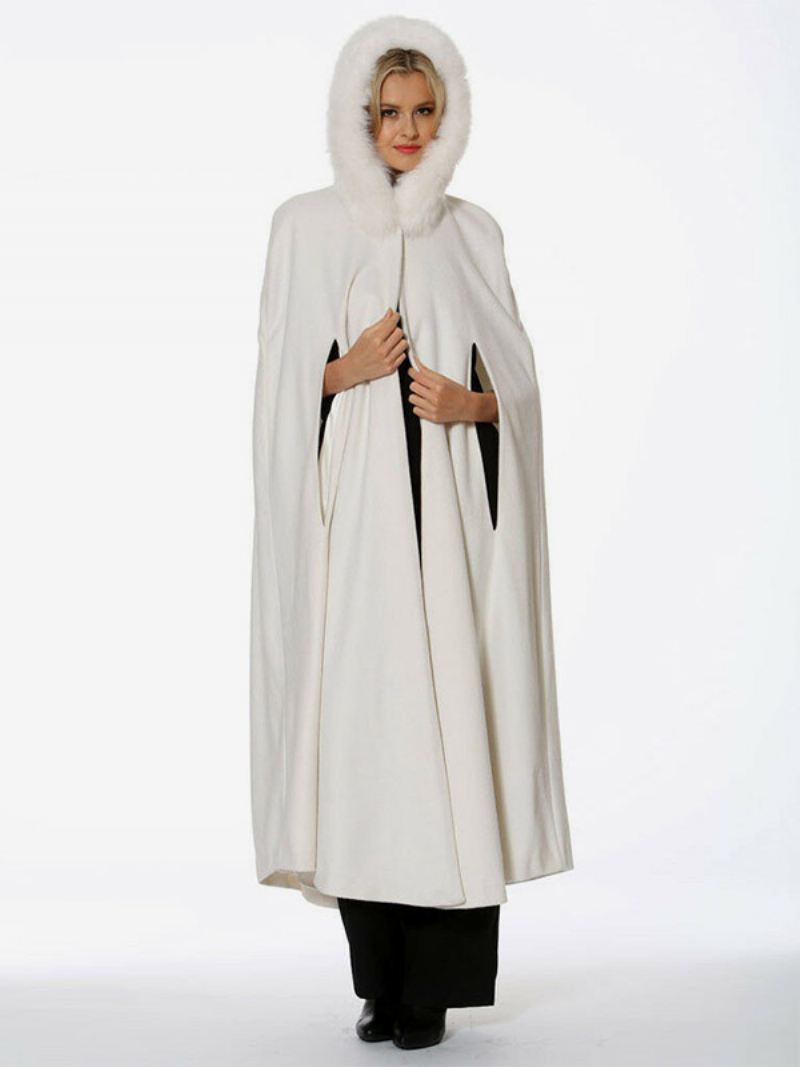 Poncho Met Capuchon Dames Ivoorkleurige Oversized Cape Imitatiebont - Ivoor