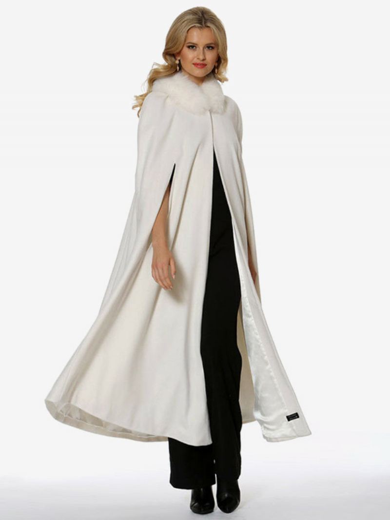 Poncho Met Capuchon Dames Ivoorkleurige Oversized Cape Imitatiebont - Ivoor