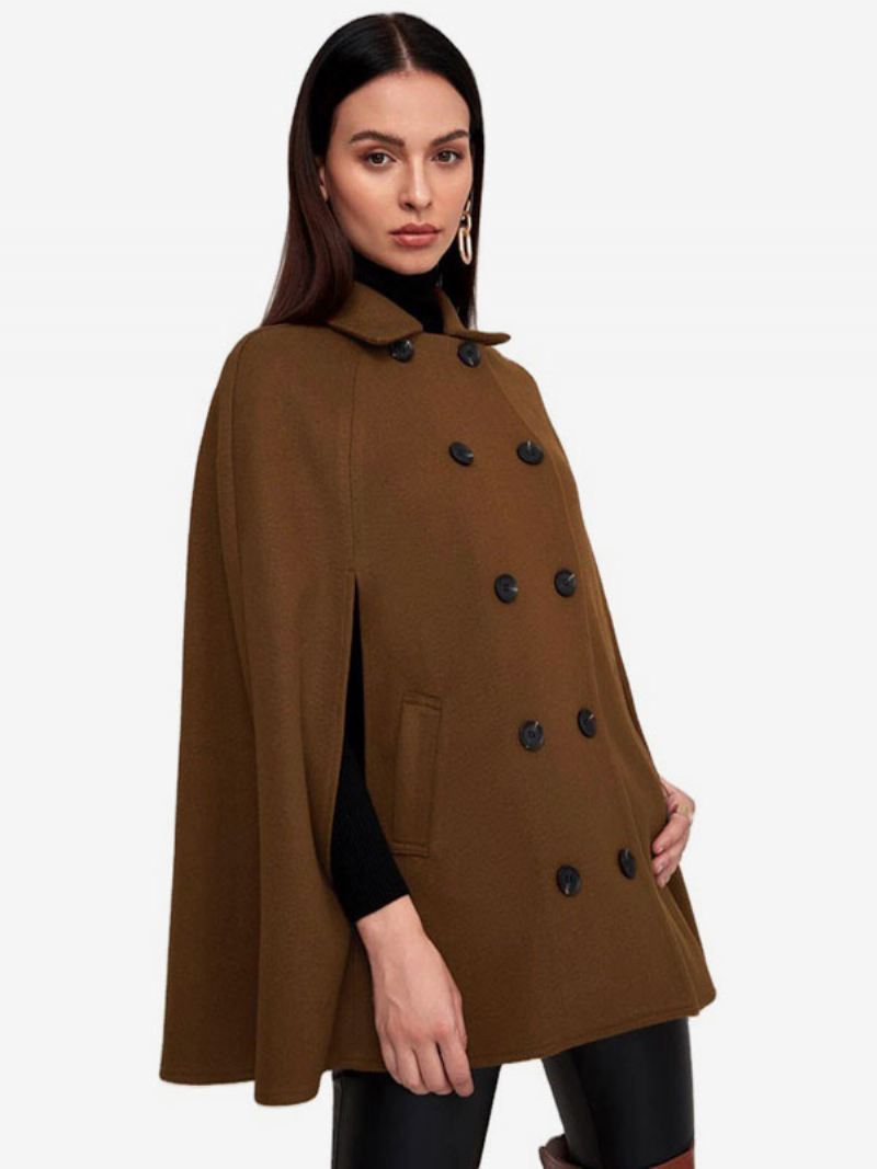 Poncho Wollen Cape-bovenkleding Met Dubbele Rij Knopen Dames - Koffie Bruin