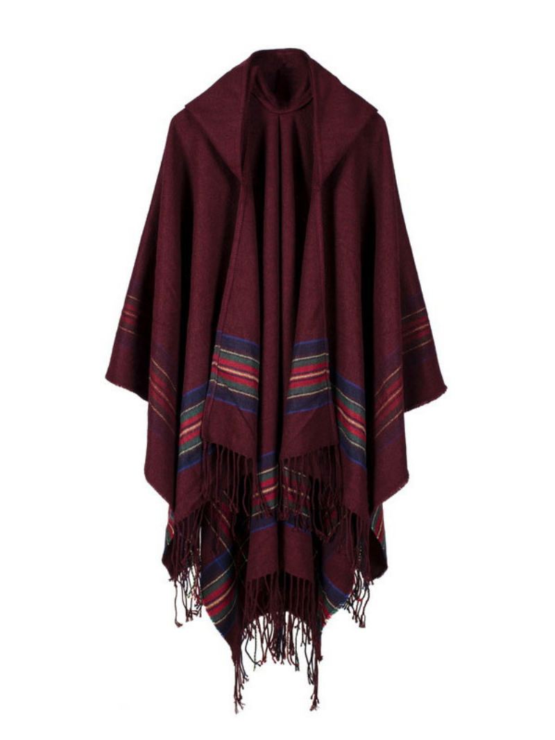 Sjaalomslag Boheemse Capuchon Franje Poncho Vest Cape Dames - Bordeauxrood