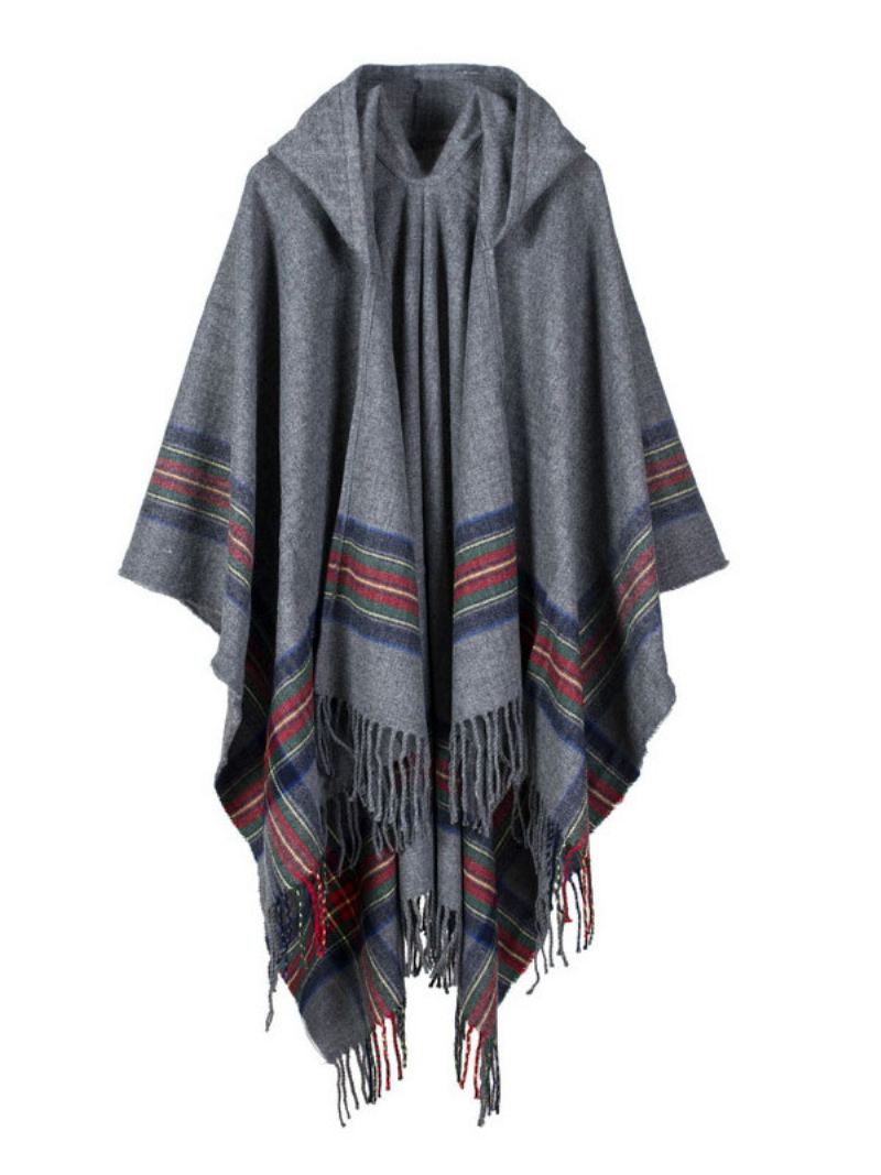 Sjaalomslag Boheemse Capuchon Franje Poncho Vest Cape Dames - Grijs