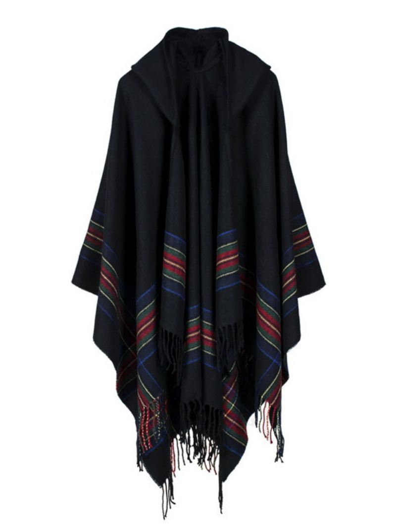 Sjaalomslag Boheemse Capuchon Franje Poncho Vest Cape Dames - Zwart