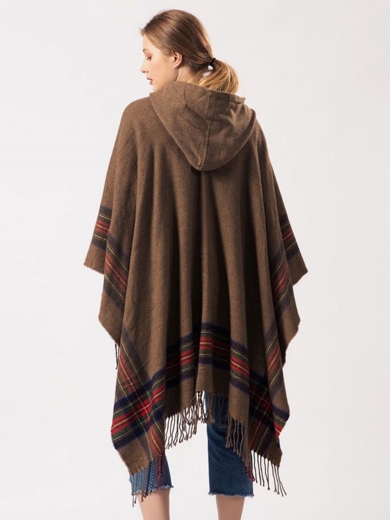 Sjaalomslag Boheemse Capuchon Franje Poncho Vest Cape Dames - Kaki