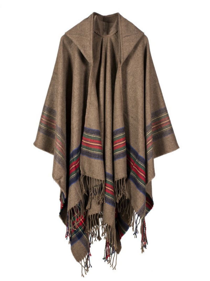 Sjaalomslag Boheemse Capuchon Franje Poncho Vest Cape Dames - Kaki