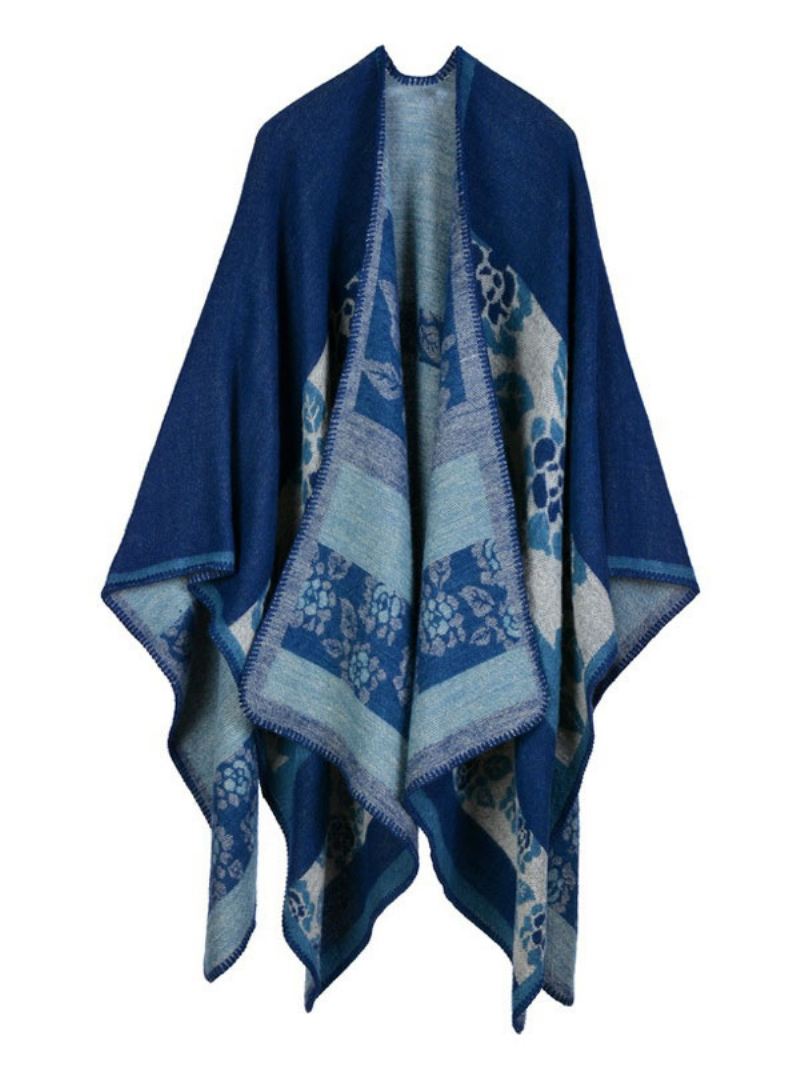 Sjaalomslag Geruite Boheemse Print Lentevest Cape Dames - Donker-Marineblauw