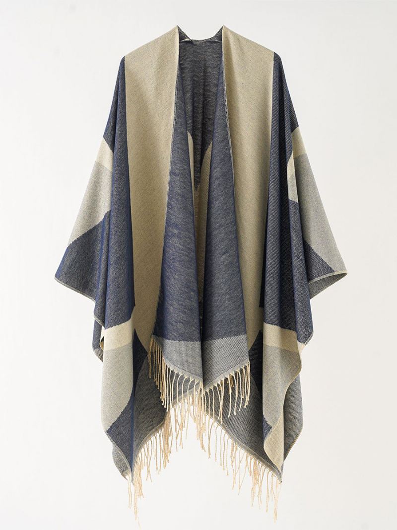 Tweekleurige Cape Daily Causal Poncho Dames Met Franje - Donker Marineblauw