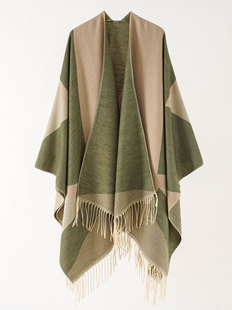 Tweekleurige Cape Daily Causal Poncho Dames Met Franje - Huntergroen