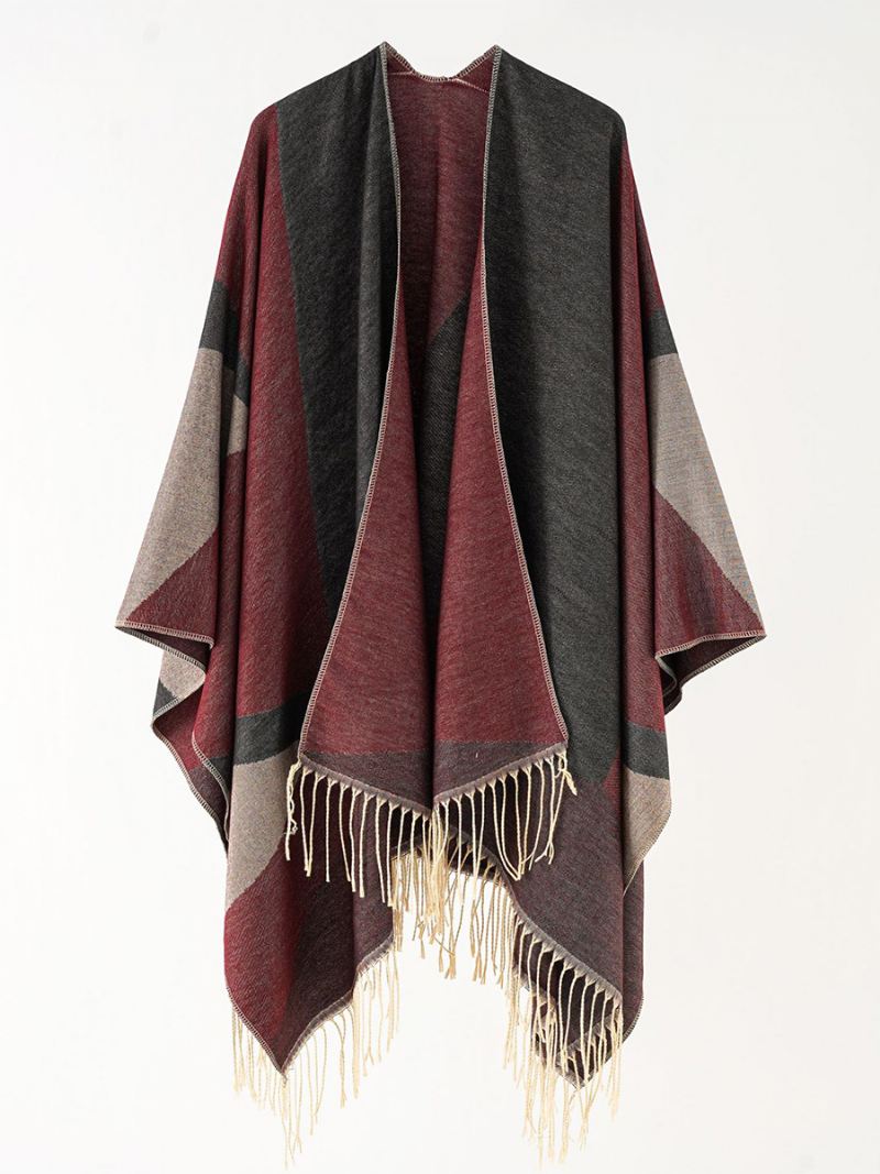 Tweekleurige Cape Daily Causal Poncho Dames Met Franje - Bordeauxrood