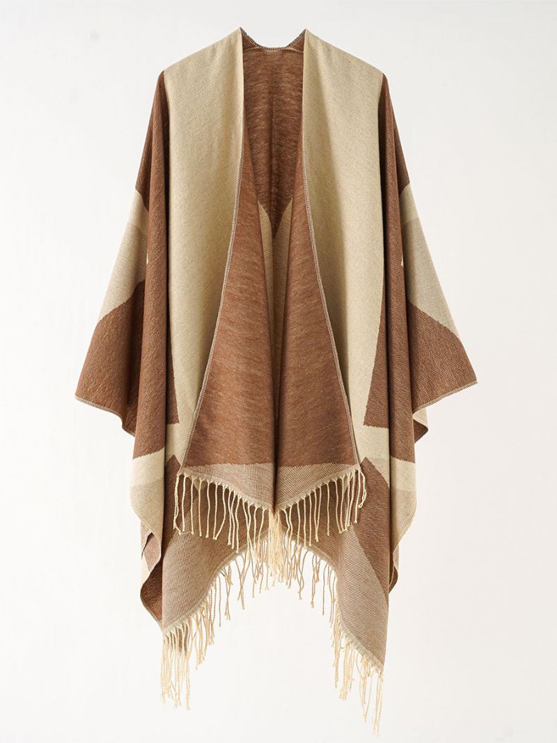 Tweekleurige Cape Daily Causal Poncho Dames Met Franje - Koffiebruin