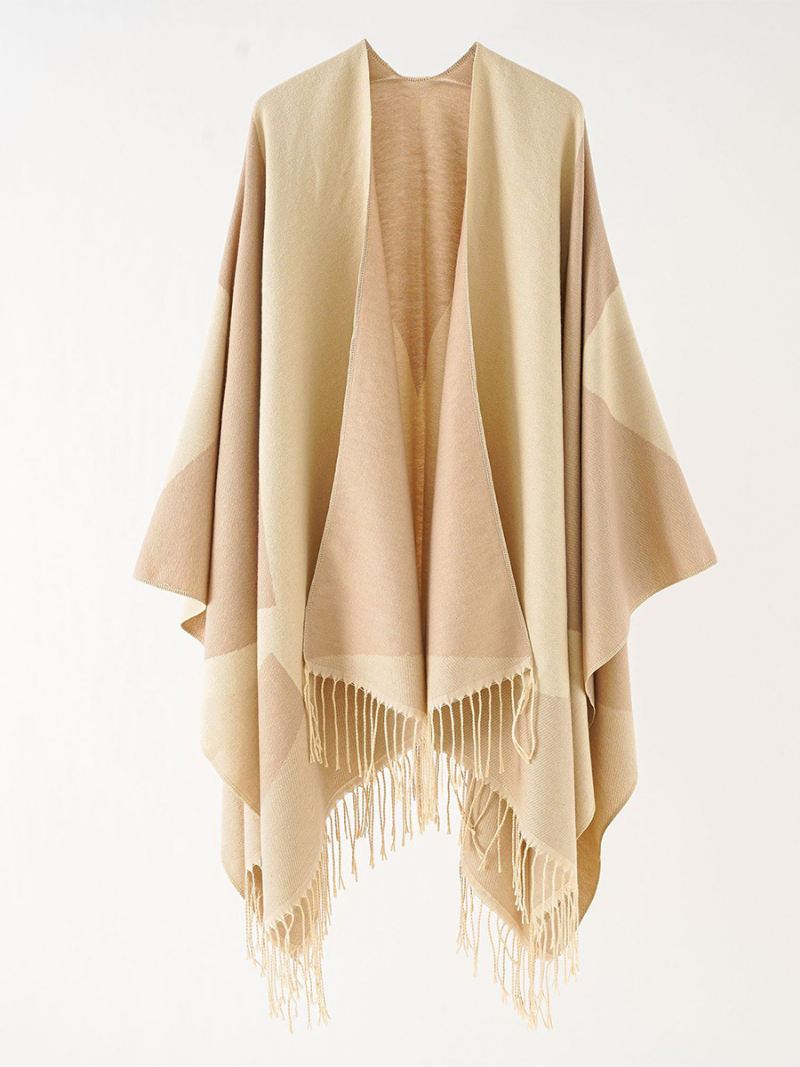 Tweekleurige Cape Daily Causal Poncho Dames Met Franje - Kaki