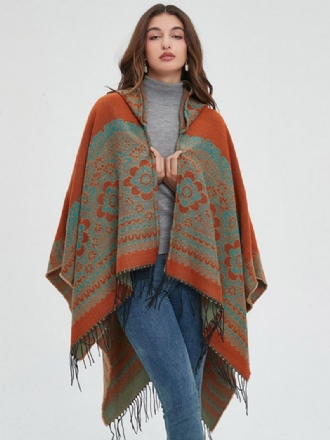 Verfraaide Bloemenponcho Met Capuchon Oversized Damescape Franjes